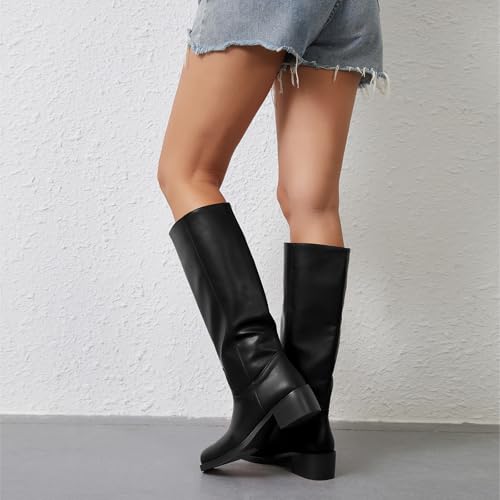 Image of Gothictor Women's Banana Knee High Boots Square Toe Chunky Block Heel Comfortable Low Heel Pull on Wide Calf Riding Long Boots for Women
