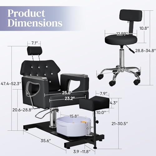 FHFO Pedicure Chair No Plumbing, 360° Swivel Hydraulic Adjustable Reclining Station with Massage Foot Bath & Footrest for Nail Tech, Spa, Salon (Black) - Thumbnail 2