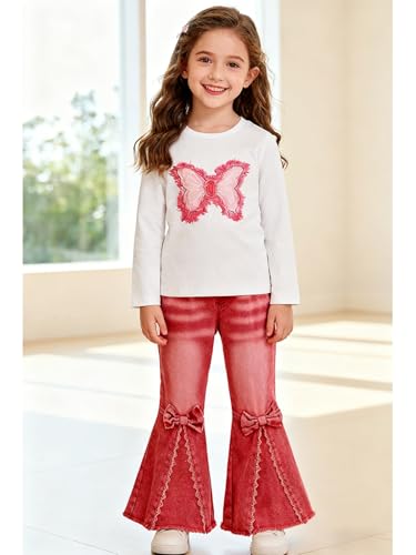 Image of Toddler Girl Clothes Long Sleeve Cartoon & Letter Graphic Top + Fruit Stationery Print Flared Leg Pants