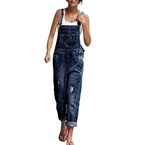 DEATU Jeans Overalls Women Ripped Long Overalls Adjustable Denim Bib Overall Jeans Romper Jumpsuit Strap Trousers Pants (Blue,Medium)