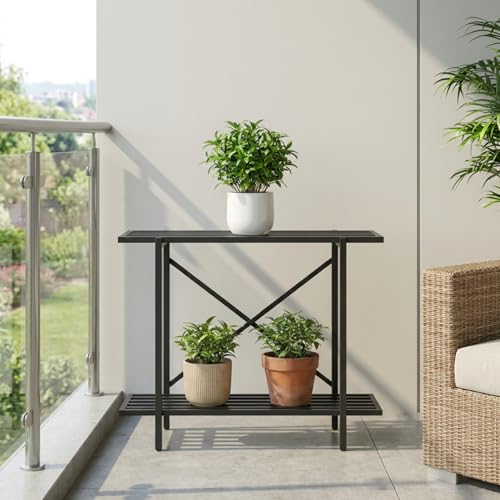 Image of ecofynd Adam Plant Stands for Outdoor Balcony, Flower Pot Stand for Indoor Plants, Large Metal Planter Stand for Living Room, home decor, Indoor & Outdoor plants, 2 Tier, (26 Inch, PS049-BLK)