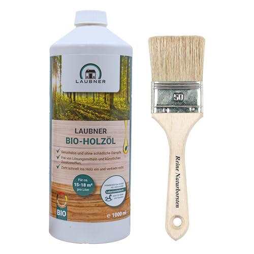 BIO Holzöl universal (1 Liter) lebensmittelecht für innen, geruchslos, farblos für Möbel, Holzböden, Pflanzgefäße - Pflegeöl | mit Pinsel 50 mm
