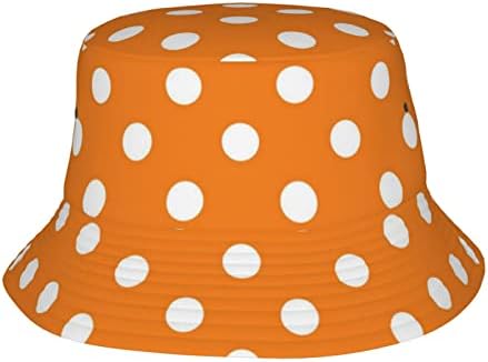 Bucket Hat for Men Women,White Polka Dots On Orange Fishermen Cap Travel Beach Sun Hat