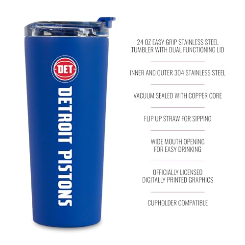 Image of Rico Industries NBA Basketball Detroit Pistons Royal Blue 24oz Stainless Steel Tumbler with Lid and Dual Functioning Lid