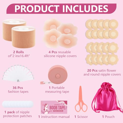 Boob Tape Kit - BoobTape for Breast Lift, 2 Body Tape, 4 PCs Silicone Breast Petals, 20 PCs Satin Nipple Stickers, 36 PCs Double Sided Tape, Boobtape for A-G2
