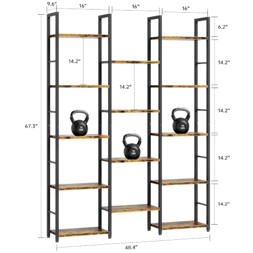 Image of Shintenchi Triple Column 5 Tier Bookshelf, Industrial Large Bookcase Display Shelves, Large Etagere Bookshelf,Wide Book Shelf Book Case for Home & Office, Rustic Brown