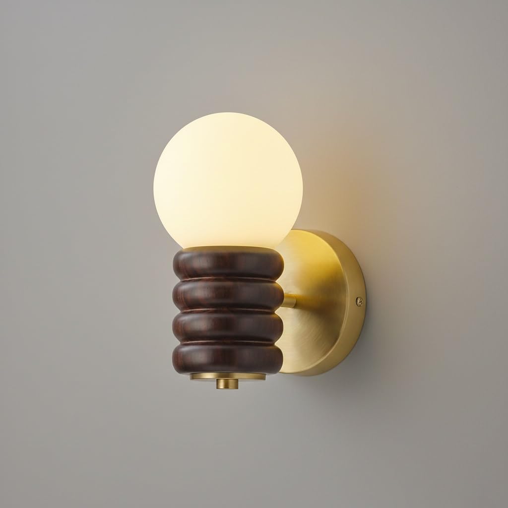 IvyLoutish Mid-Century Nordic Walnut Wood Wall Sconce, Brass & Frosted Glass Globe Wall Light, G9 Hardwired Decorative Wall Lamp for Bedroom, Living Room, Bedside, Study, Hallway