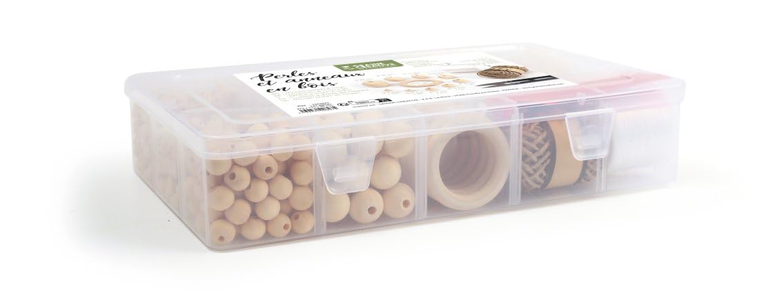 Caja de cuentas y anillos de madera - 747 piezas