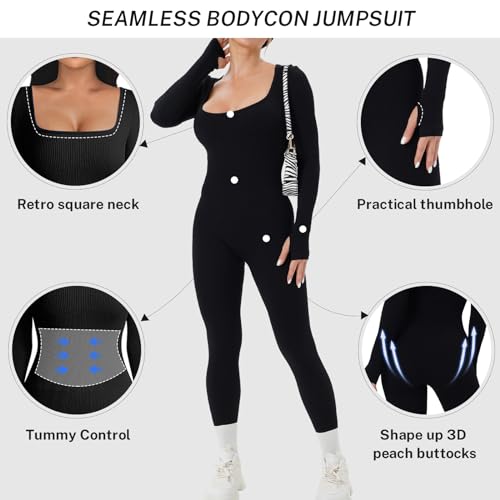 OEAK Damen Sport Jumpsuit Lang Eng Yoga Bodysuit Overall Stretch Langarm Bodycon Strampler Sportanzug Einteiler Hosenanzug Trainingsanzug,Schwarz,S
