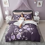 Purple Floral Duvet Cover,Kids Plants and Flowers Bedding Set,Botanical Floral Comforter Cover for Boys Girls Room Decor,Purple Lightweight Bedspread Cover Twin Size with 1 Pillow Case(No Comforter)