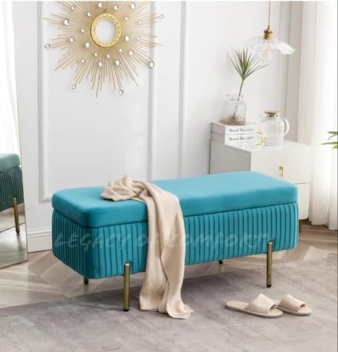 Image of LEGACY OF COMFORT Miajah Velvet Upholstered Flip Top Storage Bench 2 Seater Sofa Upholstered Ottoman Bench with Storage for Living Room, Bedroom (Light Blue)