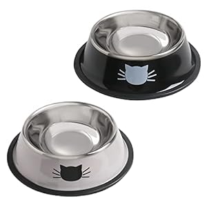 Cat Bowls for Food and Water,2PCS Rapsrk Non-Slip Stainless Steel Small 8 Oz Pet Bowl with Removable Rubber Base Dog Bowl,Stackable Puppy Dishes with Cute Cat Painted