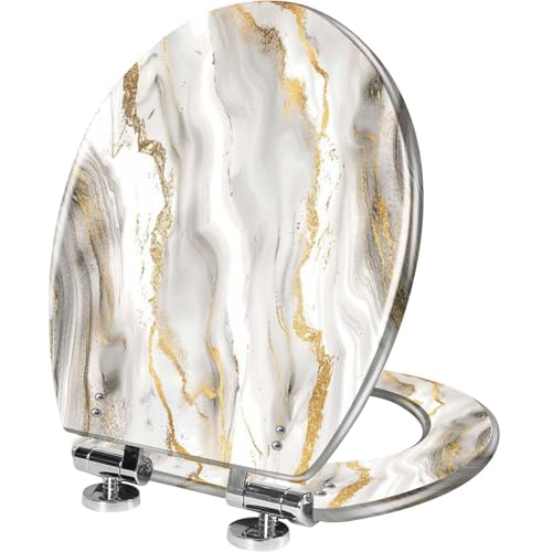 TRANQDEHOM Elongated Toilet Seat White gold marble texture Resin Toilet Seat Quietly Close Quick Release Hinges Decorative Toilet Seat with Cover Easy to Install, Style 6