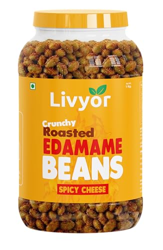 Image of Livyor Crunch Roasted Edamame Beans 1kg | Spicy Cheese Flavour | Roasted not fried | Plant based healthy snack | High Protein Snack | Gluten Free | Vegan | High In fibre | 500g*2