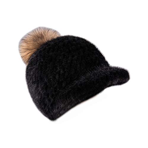 DTLDYG Femmes Vraie Fourrure de Vison Chapeau avec Fourrure de Renard Ballon Pom Pom Visière Chaud (Noir)