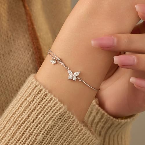 Dainty Butterfly Bracelets for Women Mother 925 Sterling Silver with Cute Cubic Zirconia Lucky Infinite Butterfly Dainty Bracelet to Daughter Birthday Wedding Season Christmas Halloween Jewelry for Her2