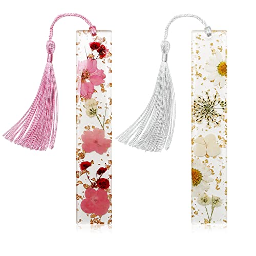 Bookmarks for Women, Kaluofan 2PCS Book Marks for Reading Women, Durable Handmade Dried Flower Resin Bookmarks with Tassels, Pretty and Increase Reading Interest