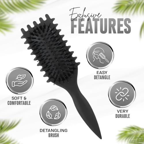 Image of Combelle 5-in-1 Curl Hair Brush, Vegan Boar Bristles, Bio-Baked PLA Handle, Detangling and Frizz Control for Curly Hair - Black (Pack of 3)
