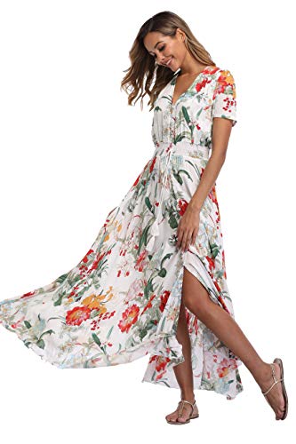 Image of Ferrendo Women's Floral Maxi Dress Button Up Split Flowy Bohemian Party Beach Dresses