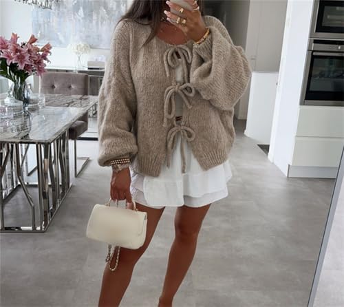 Image of Women Knitted Tie Front Cardigan Tops Casual Knitwear Top Long Sleeve Open Front Baggy Sweater Y2k Girls Outwear