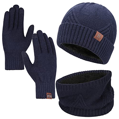 Bequemer Laden Juego de 3 guantes de bufanda para gorro de invierno para hombre, guantes de pantalla táctil con bufanda para gorro cálido, 3 piezas, gorro de invierno grueso Cover