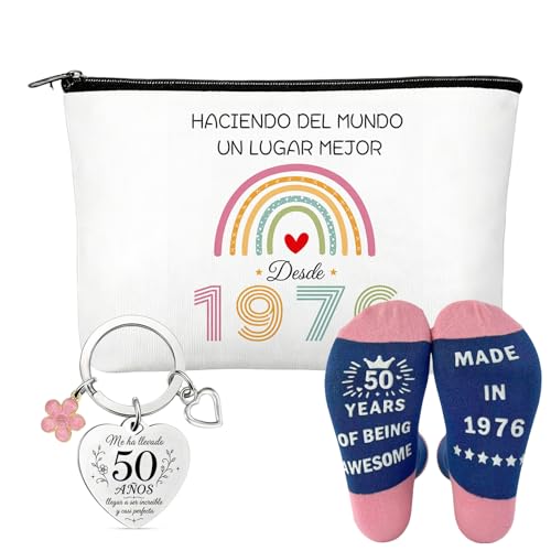 Imagen de Regalos 50 Cumpleaños Mujer Set 3 Piezas con Neceser 23x15 cm Llavero y Calcetines 1976