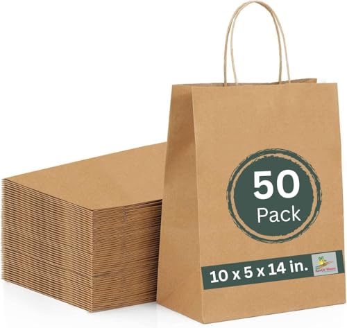 Image of Brown Kraft Paper Bags with Handles- 50pcs 10 inchx14 inchx5 inch Medium Size Bags, Return Gift Craft Paper carry Bag for Shopping Retail Merchandise - Disposable