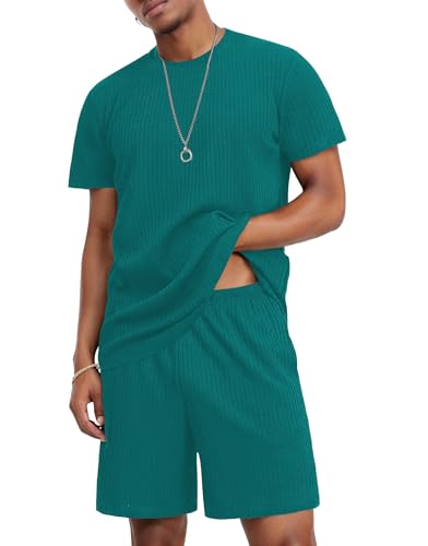 Image of Ekouaer Mens Lounge Set Ribbed Knit Pajamas Set 2 Piece Short Set Outfits Sweatsuit Summer Soft Sleepwear Loungewear