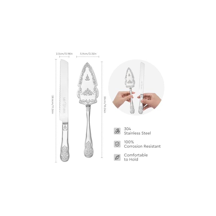 AW-Bridal-Silver-Cake-Cutting-Set-for-Wedding-with-Spoons-Stainless-Steel-Engraved-Wedding-Cake-Knife-Pie-Server-Gifts-for-Bridal-Shower-Engagement-Silver AW Bridal Silver Cake Cutting Set for Wedding with Spoons, Stainless Steel Engraved Wedding Cake Knife Pie Server Gifts for Bridal Shower Engagement, Silver