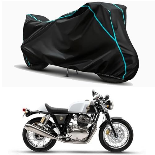 Image of Waterproof Bike Body Cover Compatible for | Royal Enfie Continental GT 650 BS6 | Taffeta Fabric, Sky Piping Design, Bottom Elastic Fit | Dustproof, Sun UV & Rain Protection for All Weather.