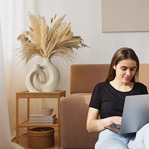 White Ceramic Vase Set Of 2 For Modern Home Decor, Round Boho Donut Vase For Pampas Grass, Neutral Minimalist Vase For Dining Room Table Centerpiece Dining Room, Living Room, Wedding Table Decoration #TOP5