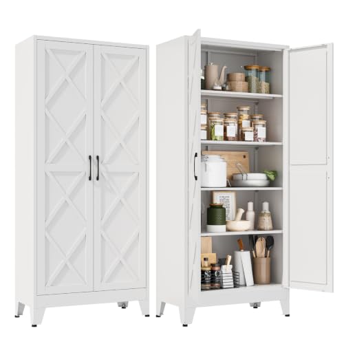 Image of Metal Storage Cabinet with Doors and Adjustable Shelves | 71 inch Tall Pantry Cabinet for Kitchen Dining Room Bathroom Garage,White,1 Pce