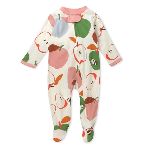 Image of HonestBaby Sleep and Play Footed Pajamas One-Piece Sleeper Jumpsuit Zip-Front PJs 100% Organic Cotton for Baby Girls, Slice O Apple,3-6 Months