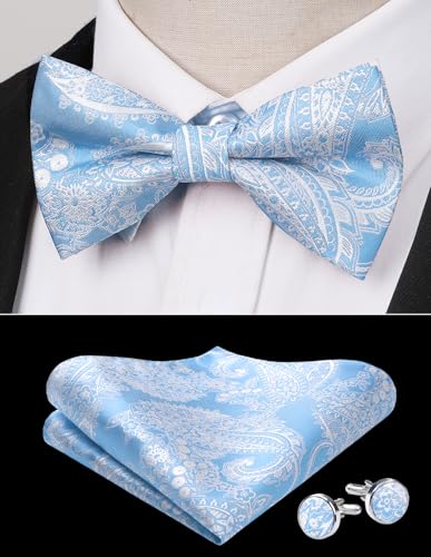 Image of HISDERN Bow Ties for Men Pretied Bow Tie Set Paisley Classic Bowties and Pocket Square Cufflinks Set for Wedding Party