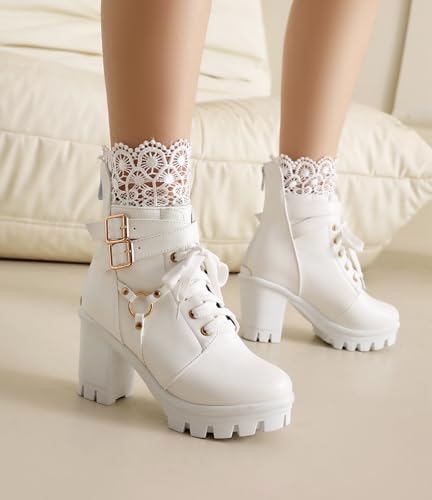 BEAUPAS Women's Gothic Combat Boots Lace Up Platform Ankle Boots with Buckles Chunky High Heel3