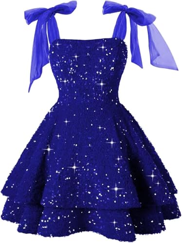 Sparkly Sequin Homecoming Dresses 2025 Bow Straps Sweet 16 Tiered Cocktail Party Dress