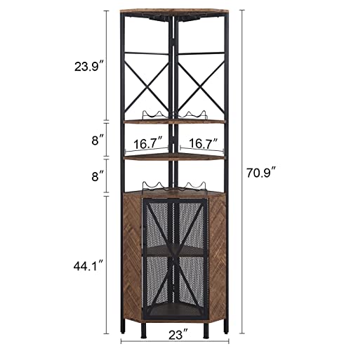 Homissue 5-Tier Corner Shelf With Cabinet, Multipurpose Corner Shelf With Wine Rack And Bar Cabinet, Free Standing Corner Storage Cabinet For Living Room, Home Bar, Home Office, Balcony, Brown #TOP1