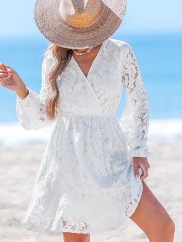 Image of CUPSHE Women Elegant V Neck Lace Peasant Sleeve Mini Summer Dress Elastic High Waist A Line Casual Wedding Guest Dress