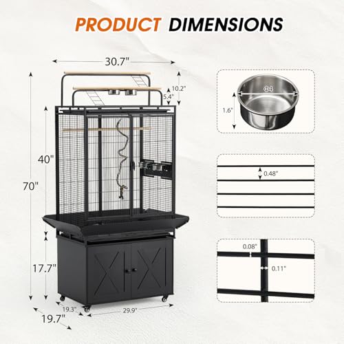 AVAWING 70-Inch Bird Cage with Play Top & Storage Cabinet, Tall Big Bird Flight Cage with Pull-Out Tray, Feeders, Cover, Stand, Rope, Metal Bird Aviary for Macaw Parakeet Cockatiel Budgie, Black - Image 2