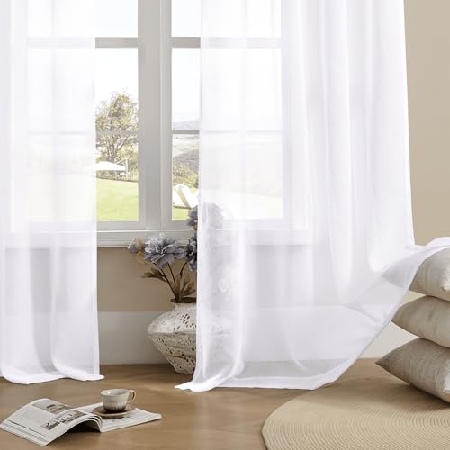 Image of MYSTIC-HOME White Sheer Curtains 108 Inches Long 2 Panels Tulle Window Panels for Bedroom 2 Panel Sets Rod Pocket Sheer White Curtains for Living Room Kitchen Yard 52 W x 108 L