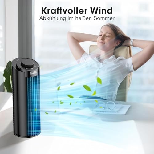Grelife Turmventilator Leiser, 7,9m/s Geschwindigkeit, 80° Oszillierende Ventilatoren, Schnelle Kühlung Tischventilator für Büro, Zuhause, Schlafzimmer