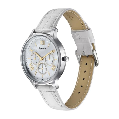 Image of Sonata Axis with Quartz Analog White MOP Premium Multifunction Design Dial White Strap Watch for Women - 87119SL01