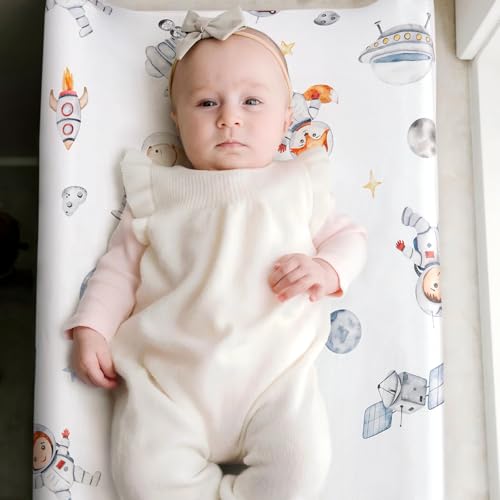 Image of GRSSDER Stretch Ultra Soft Jersey Knit Changing Pad Cover Set 2 Pack, Change Table Pad Covers Fit 32 inch /34 inch x 16 inch Pads Safe and Snug, Space Print for Boys and Girls