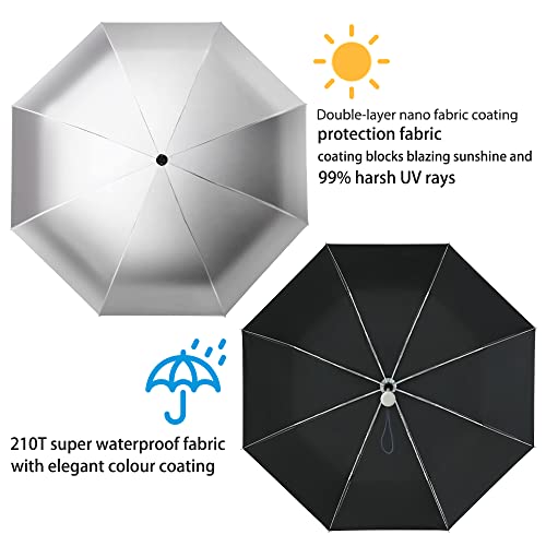 Image of FDJASGY Silver Coating Layer Fabric Blocking UV 99.9% Sun Umbrella Compact Folding Travel Umbrella Automatic Folding Windproof Umbrellas For Men and Women (Black)