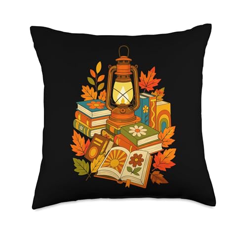 Retro Fall Reading Lantern Books Throw Pillow
