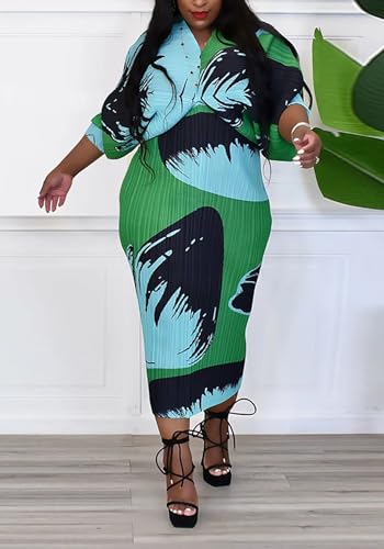 Ptorlio Sexy African Dresses Attire for Women V Neck Floral Pleated Midi Dress Plus Size3