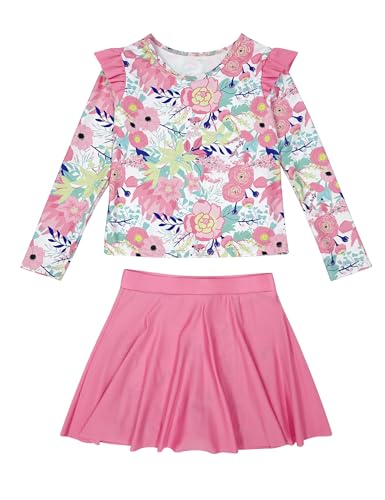 Image of Girls Rash Guard Swimsuit Set Long Sleeve 2 Pieces Bathing Suit Swimming Skirt with Shorts 4-13Y