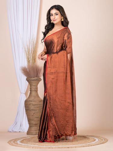 Image of Women's Tissue Cotton Saree | Plain Lightweight Tassel Pallu Saree with Blouse