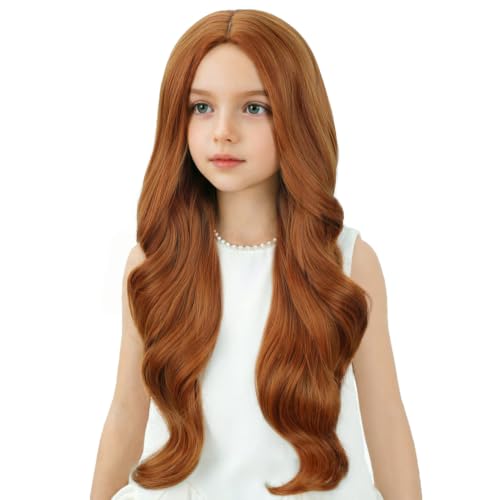 Image of Child Ginger Wig Girls Long Dark Orange Wavy Curly Wig Long Middle Part Wigs for Kids Heat Resistant Synthetic Wigs with Cap