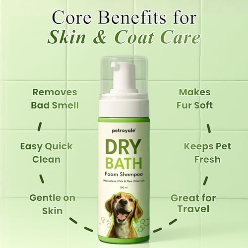 Image of Petroyale Dog Grooming Combo - 2-in-1 Shampoo & Conditioner (300ml) + Dry Bath Foam Shampoo (150ml) - Anti-Fungal, Anti-Itch, Tick & Flea Control, Shedding Support for All Breeds